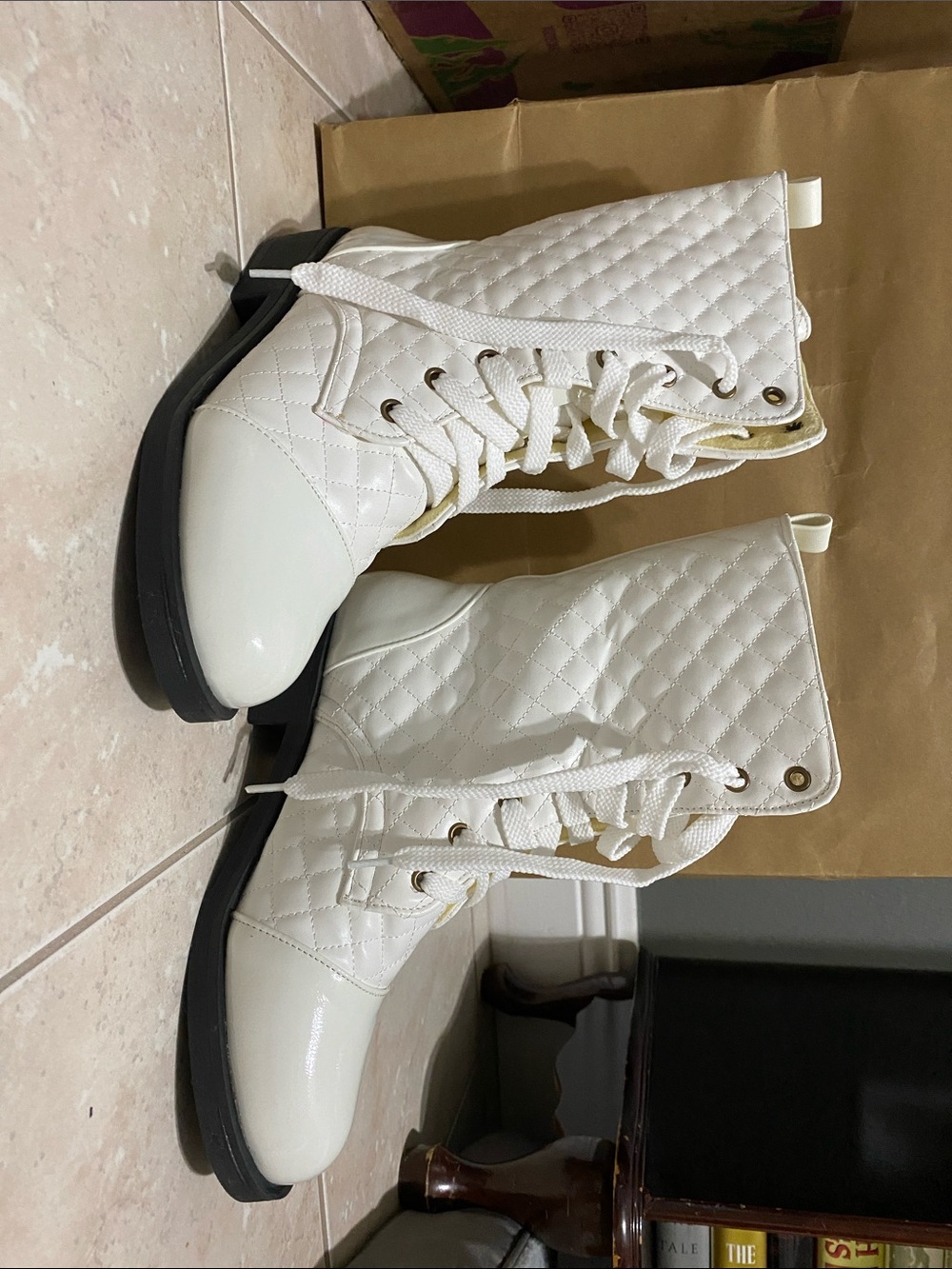 Quilted White Lace-Up Combat Boots - Women's